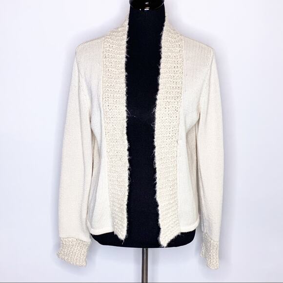 Magaschoni cream wool blend open front cardigan camel hair trim size Medium - Picture 1 of 15